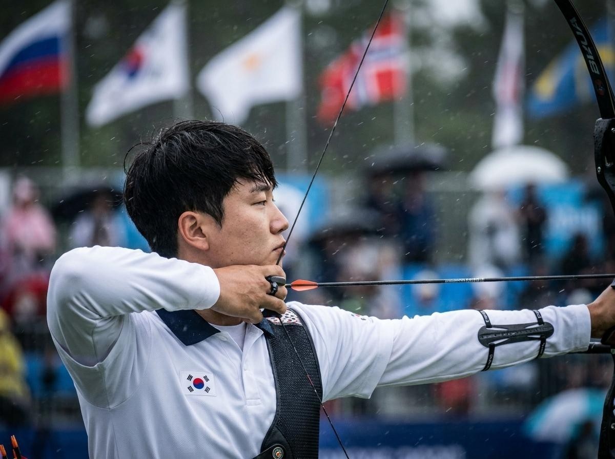 주변의 시선이나 외부 요인에 아랑곳하지 않고 오직 자신의 호흡에 집중하는 양궁선수. 기사 내용 토대로 AI툴 활용해 제작한 자료사진.