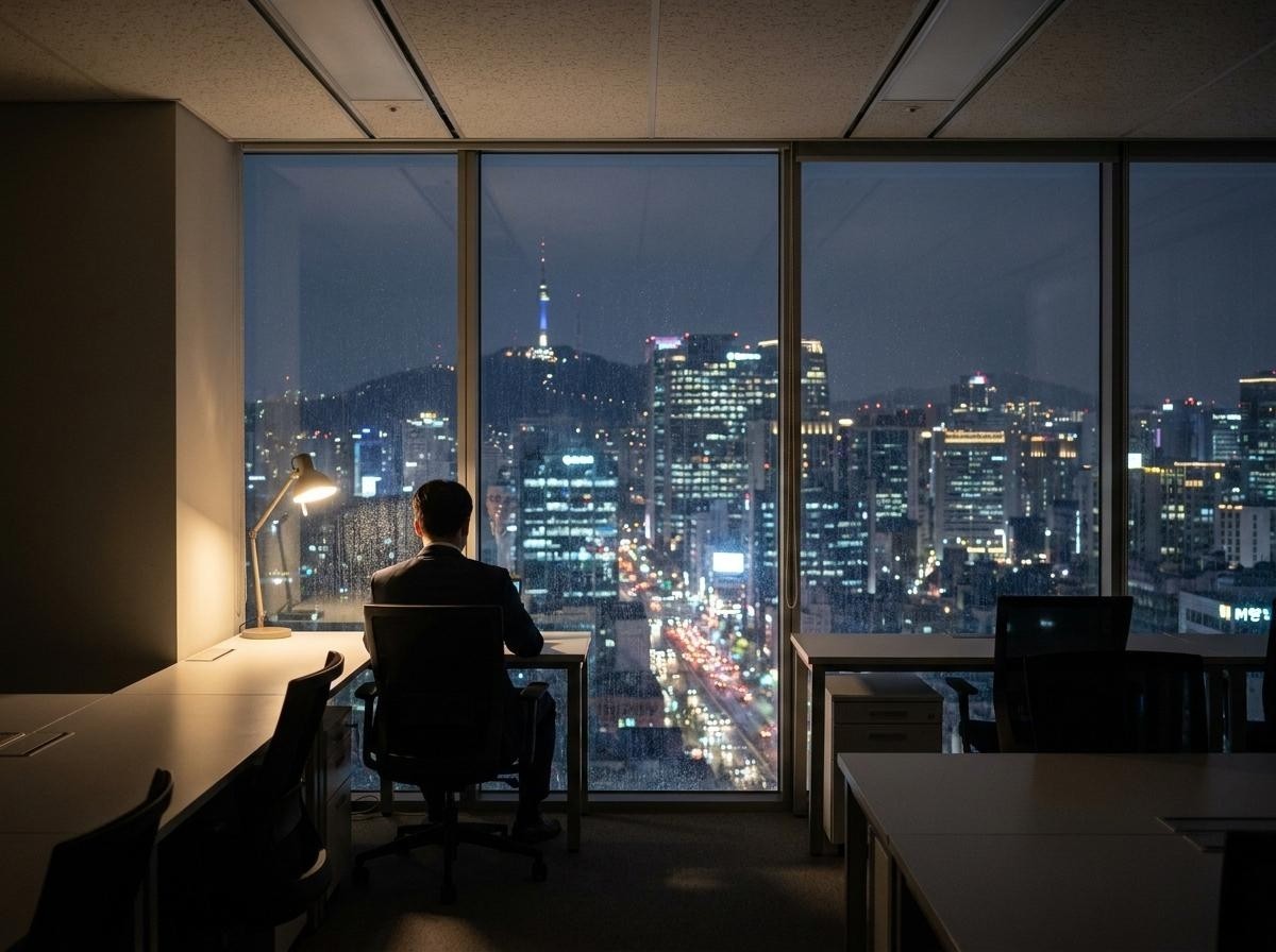 창밖의 복잡한 서울 도심 야경을 무덤덤하게 바라보는 직장인의 뒷모습. 기사 내용 토대로 AI툴 활용해 제작한 자료사진.