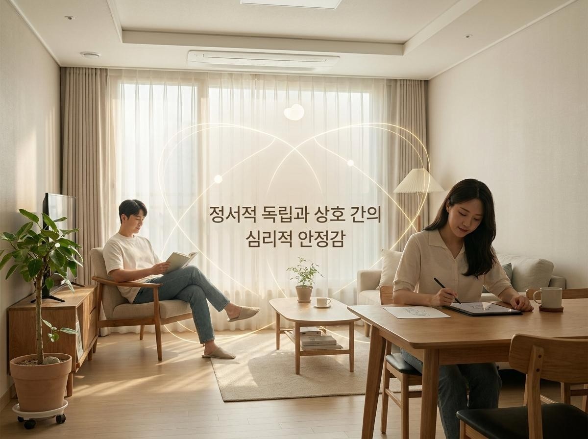 각자 자신의 책을 읽거나 소소한 일을 하며 같은 공간에 앉아 있지만, 서로의 존재만으로도 안정감을 느끼는 남녀의 평화로운 일상 풍경. 기사 내용 토대로 AI툴 활용해 제작한 자료사진.