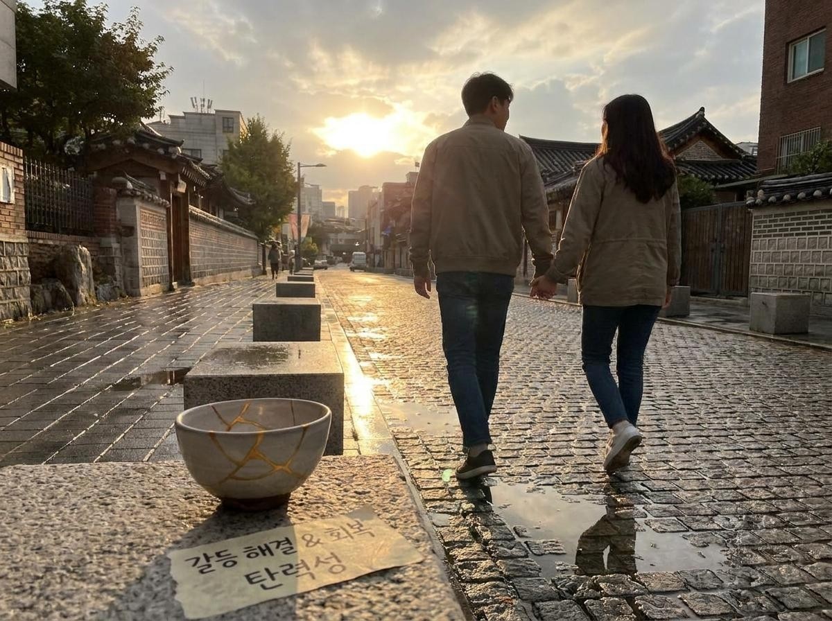 비 온 뒤 맑게 갠 거리. 갈등을 겪은 후 서로의 손을 잡고 걷는 연인의 뒷모습. 기사 내용 토대로 AI툴 활용해 제작한 자료사진.