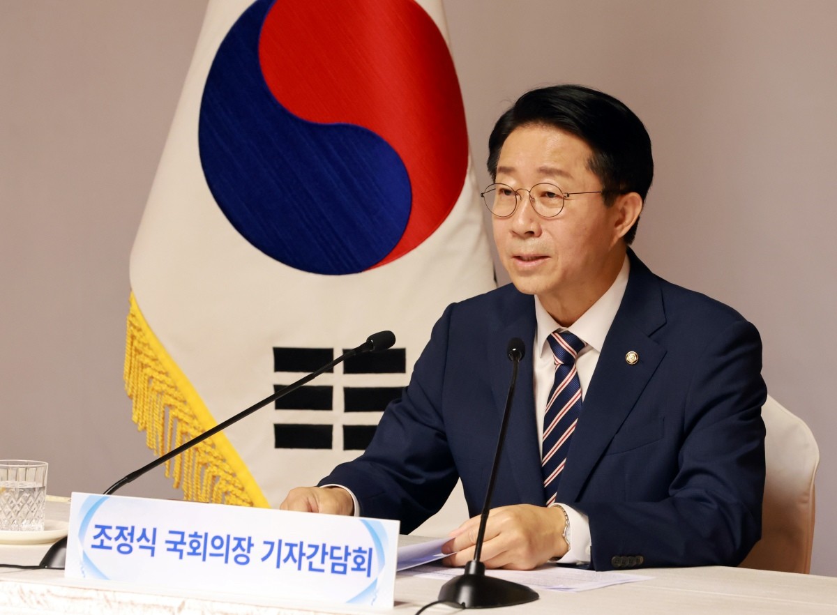 조정식 국회의장이 28일 서울 여의도 국회 사랑재에서 열린 취임 첫 기자간담회에서 인사말을 하고 있다 / 뉴스1