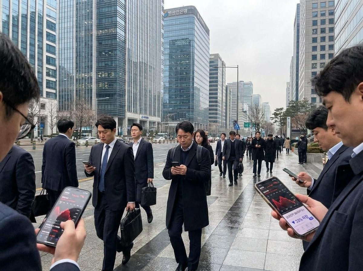 정장을 입은 직장인들이 무거운 표정으로 스마트폰을 통해 주식 차트를 확인하며 걷고 있는 모습. 기사 내용 토대로 AI툴 활용해 제작한 자료사진.