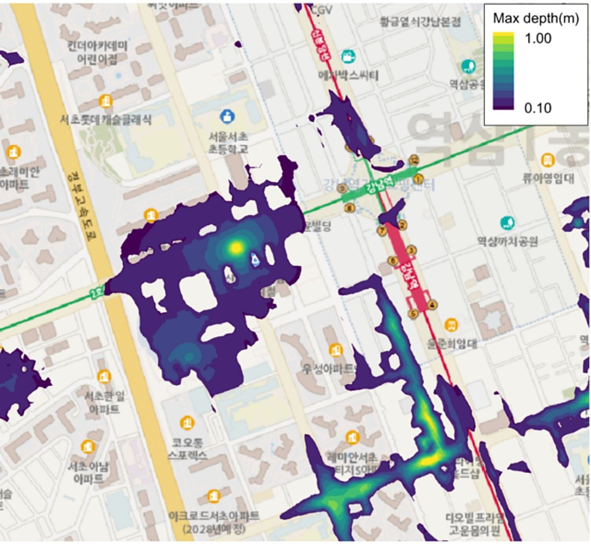 강남역 인근 침수 컴퓨터 시뮬레이션 결과. / 한국건설기술연구원 제공