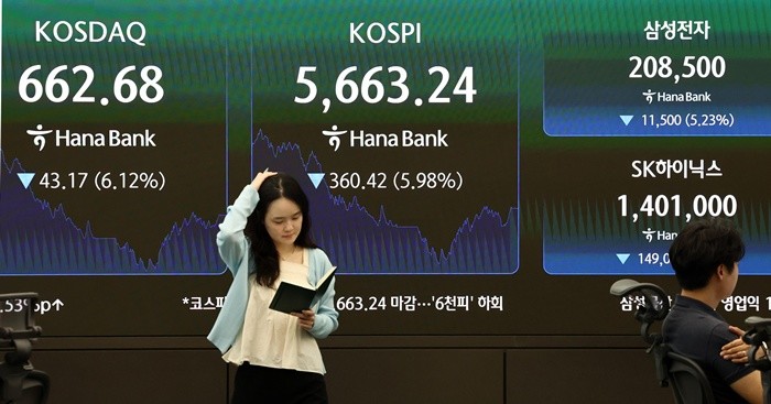 2거래일 연속으로 코스피, 코스닥 시장에 서킷브레이커가 발동한 29일 서울 중구 하나은행 본점 딜링룸 전광판에 코스피, 코스닥 종가가 표시되어 있다. 이날 코스피는 전 거래일 대비 360.42포인트(p)(5.98%) 하락한 5663.24, 코스닥은 전 거래일 대비 43.17포인트(p)(6.12%) 하락한 662.68로 마감했다. 2026.7.29/뉴스1