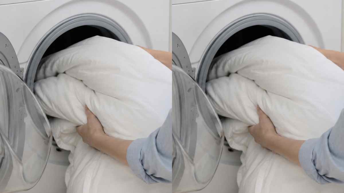 이불을 세탁기에 넣고 있는 모습. AI 생성 이미지