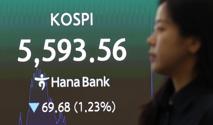 30일 서울 중구 하나은행 딜링룸 전광판에 코스피 지수가 전일 종가와 비교해 69.68포인트(p)(1.23%) 하락한 5593.56을 나타내고 있다. 코스닥은 전일 대비17.90포인트(p)(2.70%) 하락한 644.78로 마감했다. 서울외환시장에서 달러·원 환율은 전일 오후 3시 30분 주간종가 대비 9.3원 내린 1437.4원을 기록했다. 2026.7.30/뉴스1