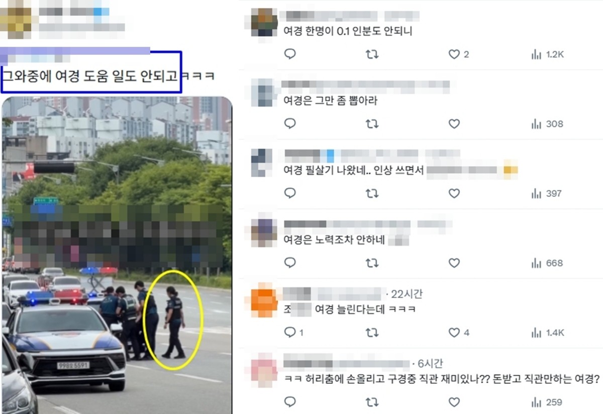 지원 출동한 여성 경찰관의 대응을 지적하는 SNS 반응 / SNS, 뉴스1
