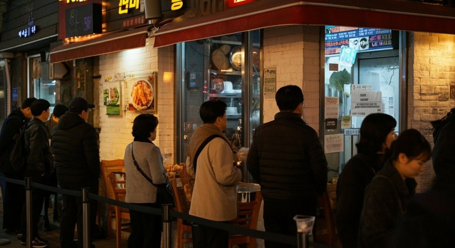 사람들이 식당 앞에서 차례를 기다리며 줄을 서고 있다. / 셔터스톡