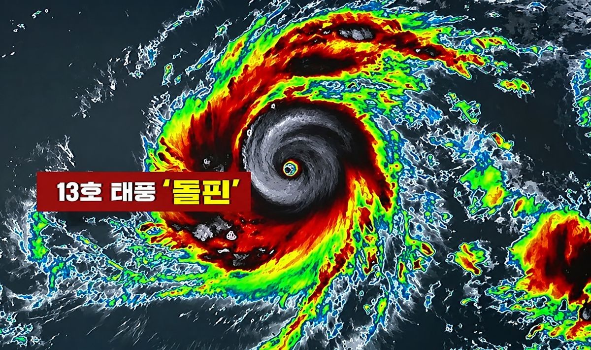 제 13호 태풍 '돌핀' 모습. KBS뉴스가 보도한 기상 자료. 기상청에 따르면 31일 오전 10시 현재 13호 태풍 돌핀은 가장 강력한 단계인 '강도 5'의 태풍으로 발달해 이동하고 있다. 태풍 강도 중 최고 단계인 '강도 5'는 중심 최대 풍속이 54㎧(시속 194㎞) 이상인 경우로 과거에는 '초강력 태풍'으로 불렀다. 13호 태풍 돌핀은 이날 오전 9시 현재 괌 동북동쪽 약 1910km 부근 해상에서 시속 25km의 속도로 서북서 방향으로 이동하고 있다. 중심 기압은 910hPa, 최대 풍속은 초속 56m/s(시속 202km)다. 13호 태풍 돌핀은 8월 1일 오후 9시 '강도 5'를 세력을 유지한 채 괌 북동쪽 약 1480km 부근 해상까지 북상하고, 8월 5일 오전 9시에는 '강도 4'로 세력이 약화돼 일본 오키나와 동쪽 약 1000km 부근 해상까지 진출할 것으로 예보됐다. / 유튜브 'KBS News'