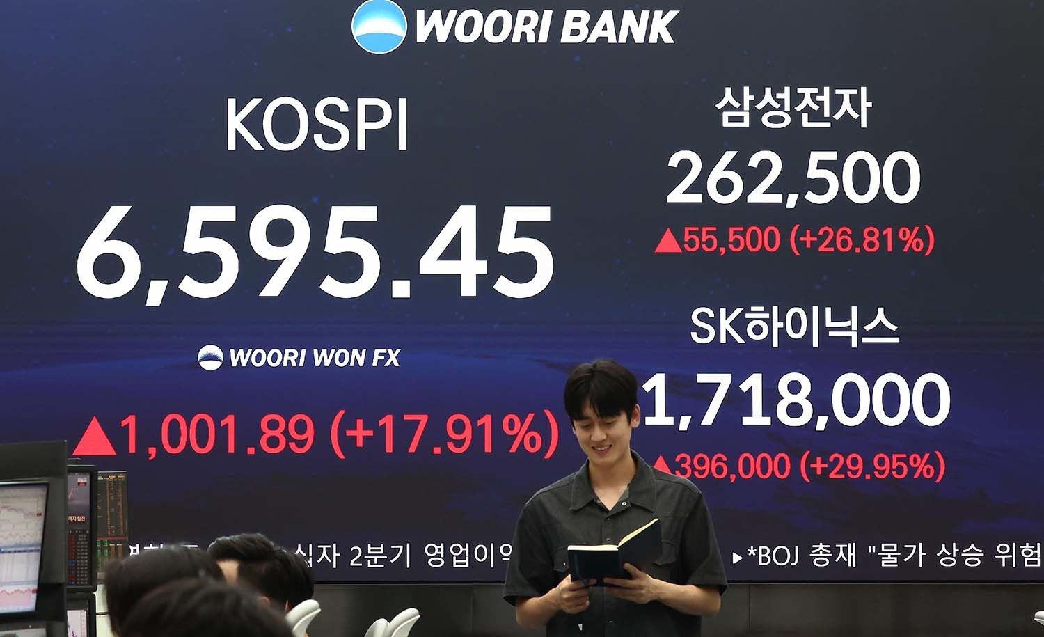 코스피가 폭등하며 역대 최대 상승세를 보인 7월 31일 오후 서울 중구 우리은행 본점 딜링룸 전광판에 종가가 나오고 있다. 이날 코스피는 전날보다 1001.89포인트(17.91%) 오른 6595.45, SK하이닉스는 사상 처음으로 상한가를 기록했다. / 뉴스1