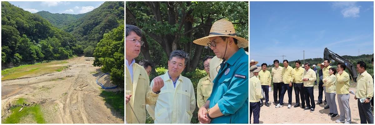 이상휘 국회의원과 포항시의회 의원들은 주말과 휴가를 반납한 채 폭염과 가뭄 피해 예방을 위해 연일 현장행보에 나서고 있다.(사진 왼쪽은 포항시 남구 오어지 가뭄 상황)/이상휘 의원실, 포항시의회 제공