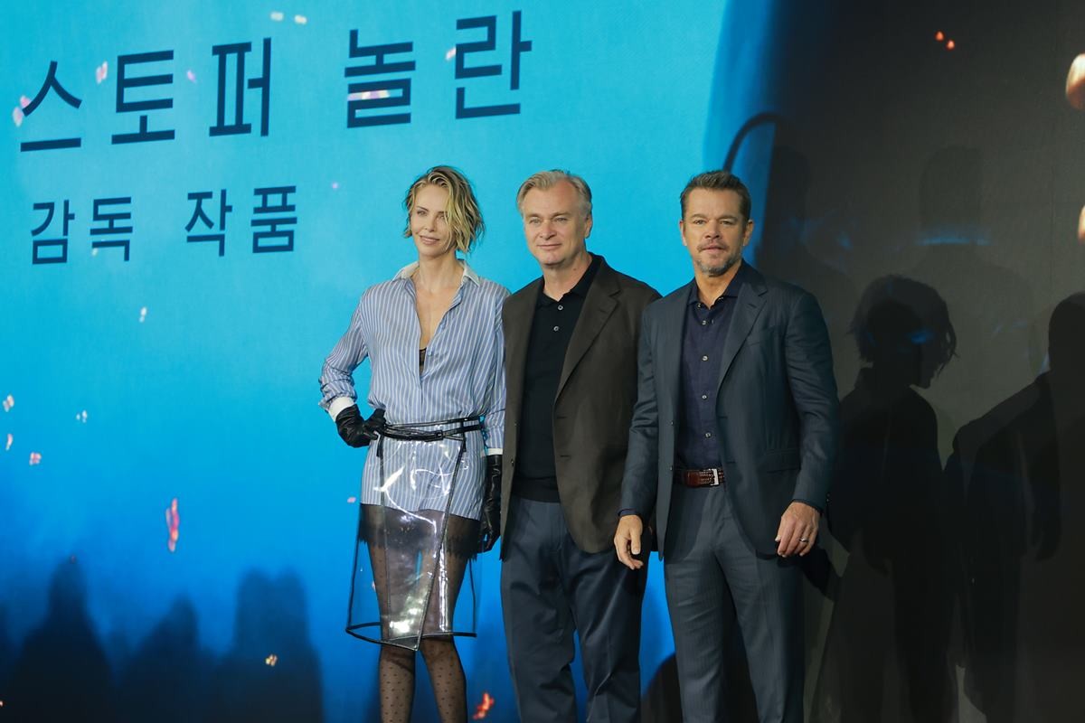 영화 '오디세이'의 국내 개봉을 기념해 3일 서울 포시즌스 호텔에서 내한 기자간담회가 열렸다. 간담회에는 크리스토퍼 놀란 감독, 주연 맷 데이먼, 샤를리즈 테론, 프로듀서 엠마 토마스가 참석했다. / 위키트리
