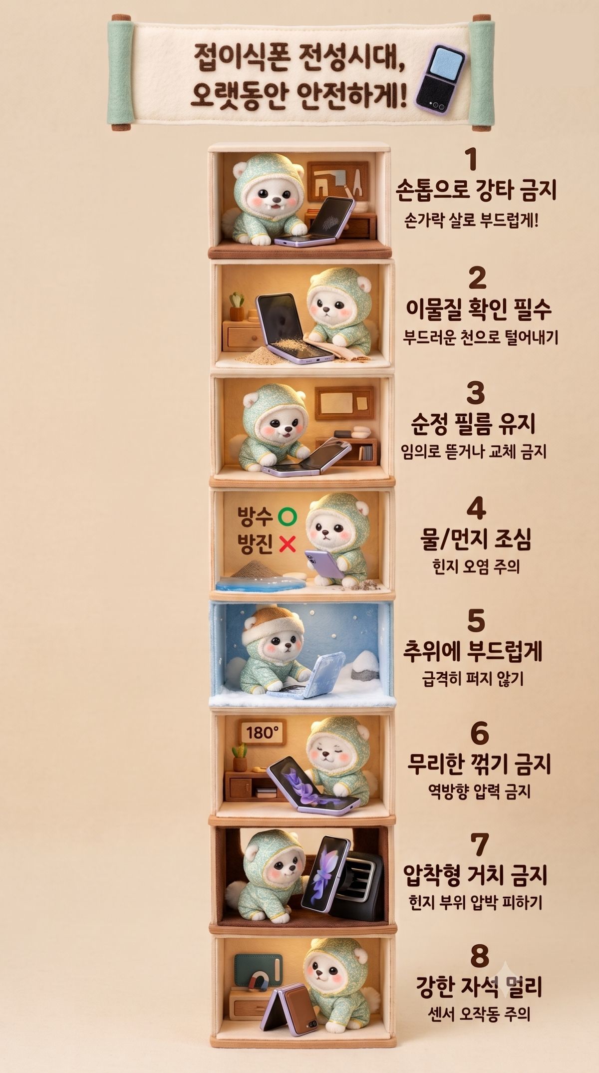 접이식폰 주의 사항 정리. 기사 내용 토대로 AI툴 활용해 제작한 자료사진.