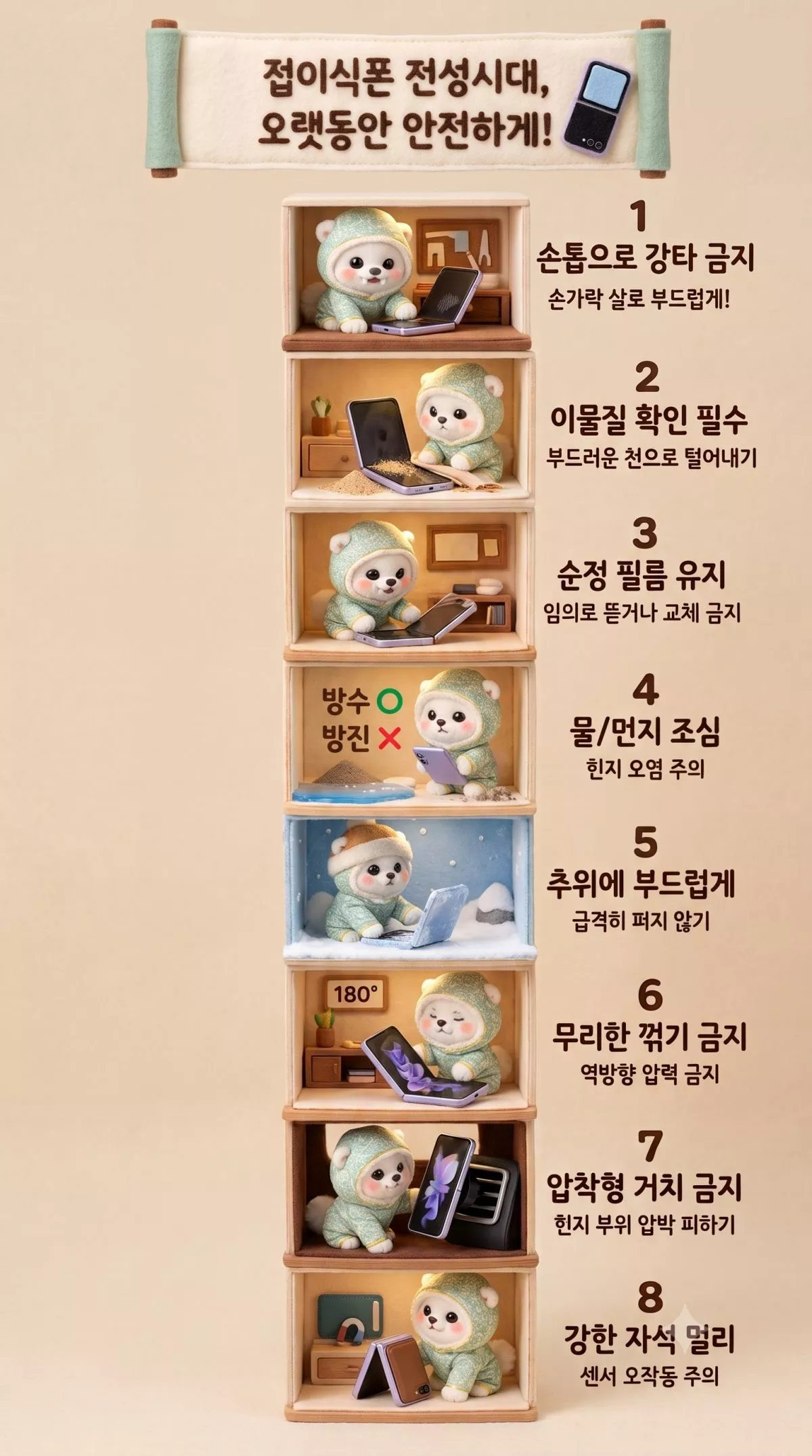 접이식폰 주의 사항 정리. 기사 내용 토대로 AI툴 활용해 제작한 자료사진.