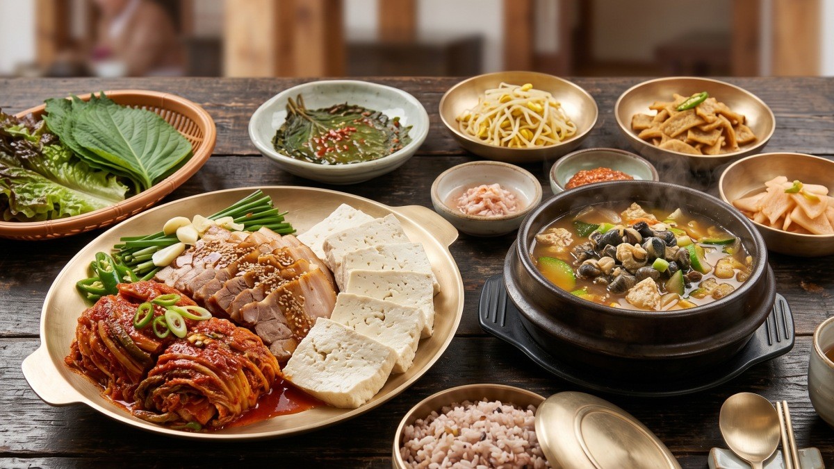구수한 우렁된장찌개와 두부김치보쌈. 해당 사진은 AI로 제작돼 실제 음식과 다를 수 있습니다.
