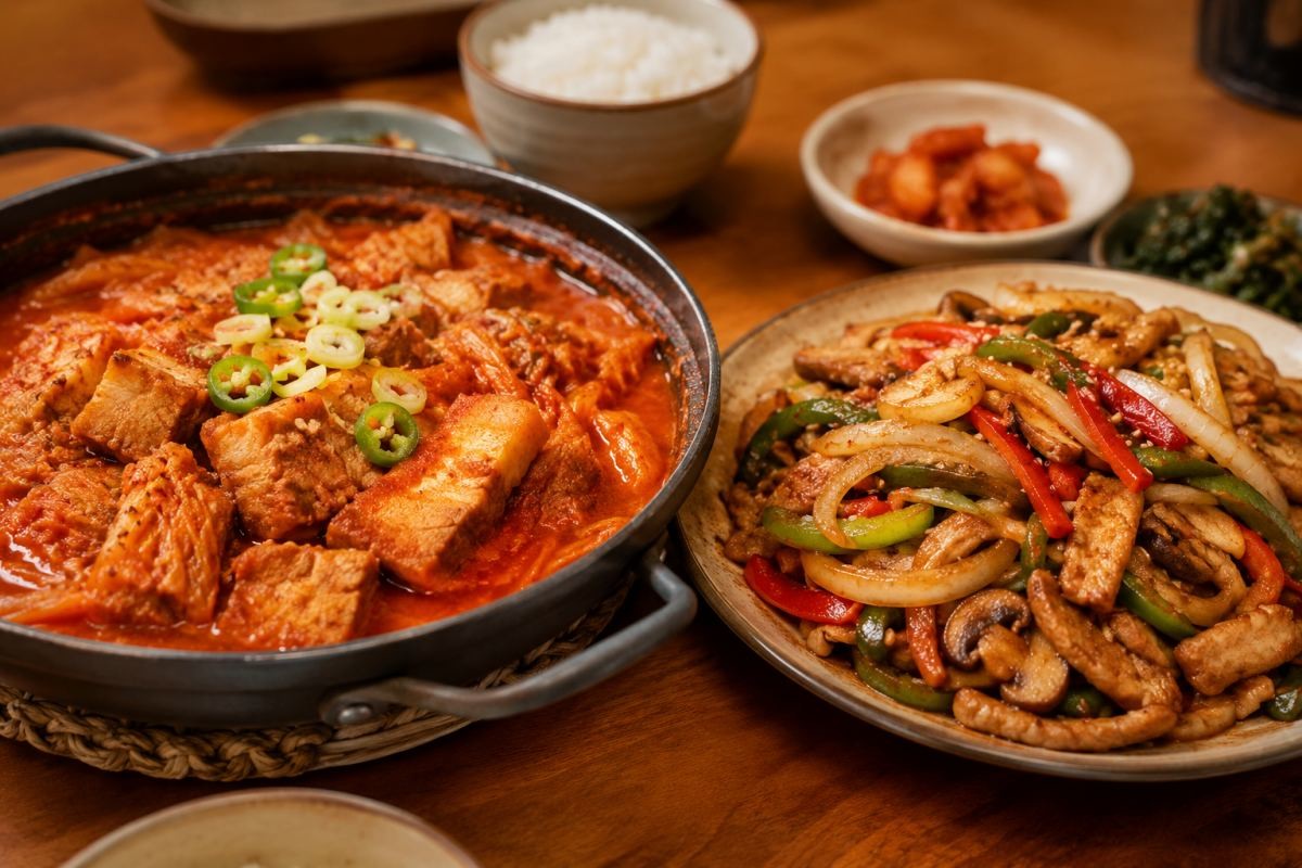 김치짜글이, 고추잡채풍 채소 볶음 / 기사 내용을 바탕으로 제작한 AI 이미지. 실제 모습과 차이가 있을 수 있습니다.