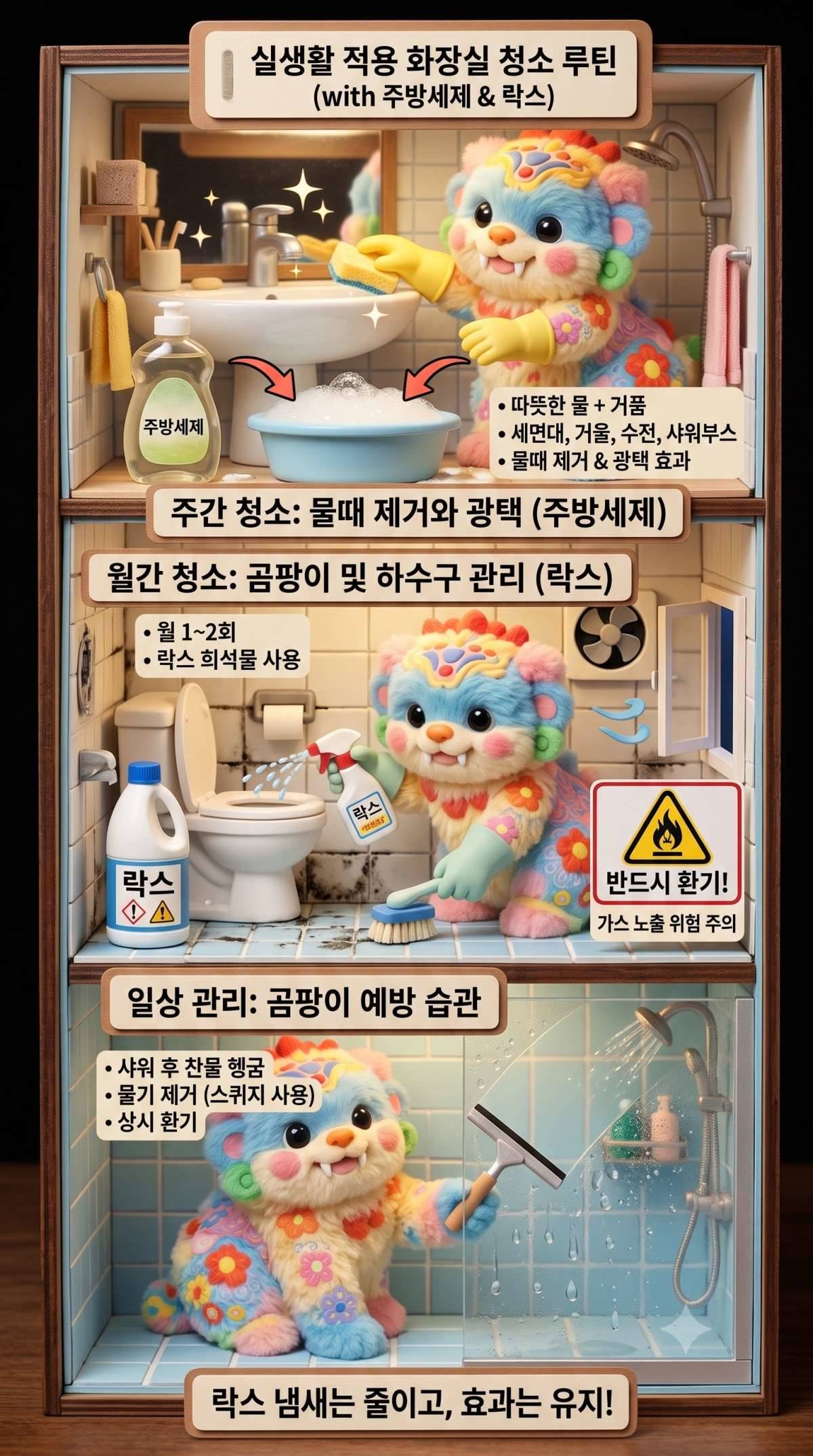 실생활 적용 화장실 청소 루틴(주방세제 & 락스). 1. 주간 청소는 물때 제거와 광택을 위해 주방세제를 활용한다. 따뜻한 물에 주방세제를 풀어 거품을 낸 후 청소한다. 세면대, 거울, 수전, 샤워부스 유리 등을 닦아낸다. 물때 제거와 동시에 반짝이는 광택 효과를 얻을 수 있다. 2. 월간 청소는 곰팡이 및 하수구 관리를 위해 락스를 활용한다. 월 1~2회 진행하는데, 락스 희석물을 사용하여 곰팡이와 하수구를 관리한다. 검은 곰팡이가 잘 생기는 타일 줄눈, 변기 안쪽, 하수구 주변을 살균 및 소독한다. 락스 사용 시 가스 노출 위험이 있으므로, 반드시 창문을 열거나 환풍기를 켜서 충분히 환기해야 한다. 3. 일상 관리는 곰팡이를 예방하는 습관이 중요하다. 샤워 후 찬물로 욕실을 헹구며 스퀴지를 사용하여 거울과 타일의 물기를 제거한다. 항상 환풍기를 켜 두거나 창문을 열어 상시 환기하는 게 좋다.