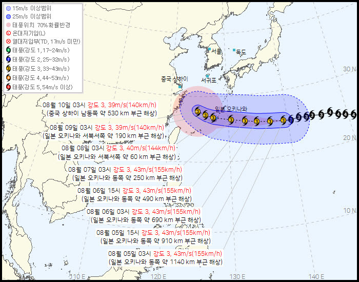 5일 한국 기상청이 발표한 제13호 태풍 돌핀 예상 경로 / 기상청