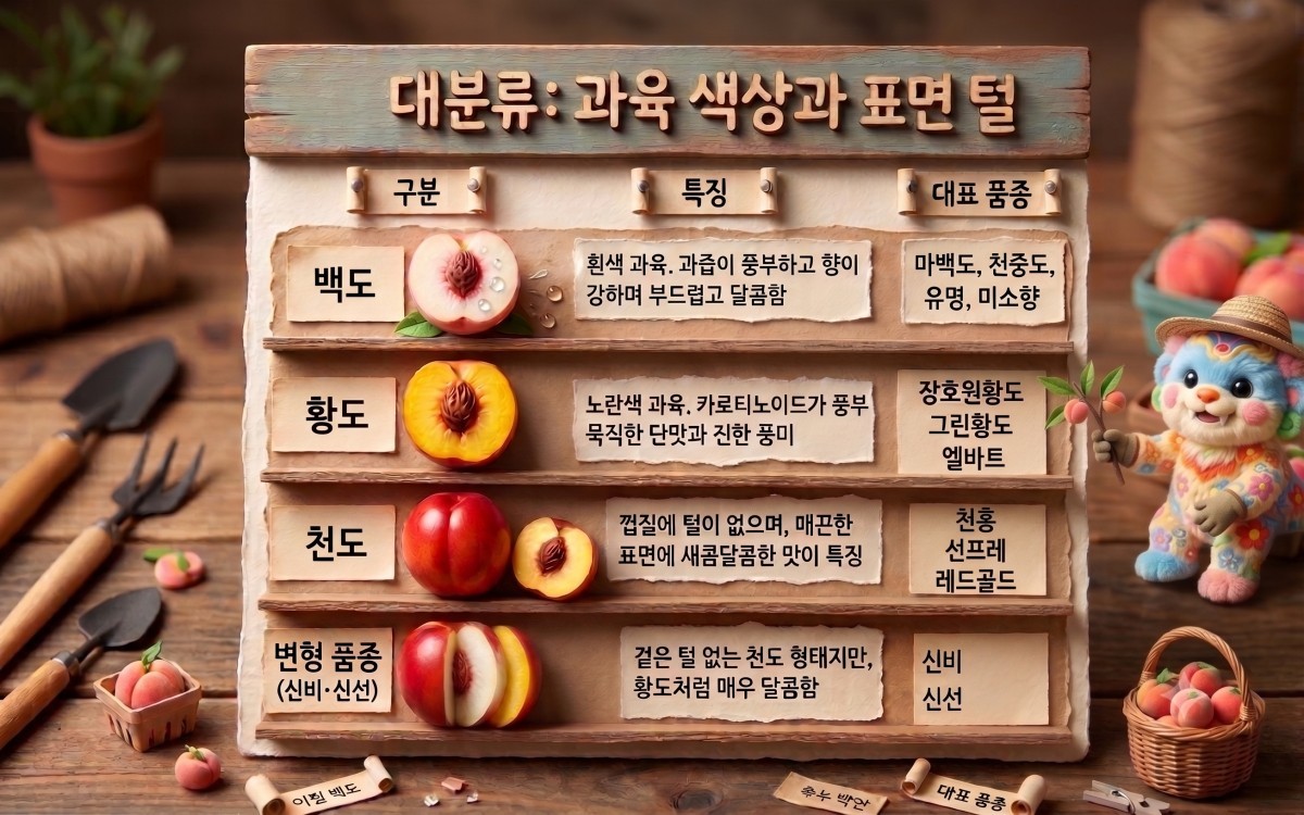 복숭아 대분류 일러스트. 기사 내용 토대로 AI툴 활용해 제작한 자료사진.