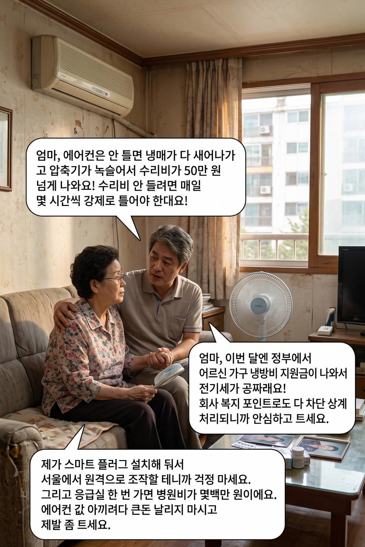 부모님집에 에어컨 틀어드리기 위한 '착한 거짓말' 모음. 기사 내용 토대로 AI툴 활용해 제작한 자료사진.