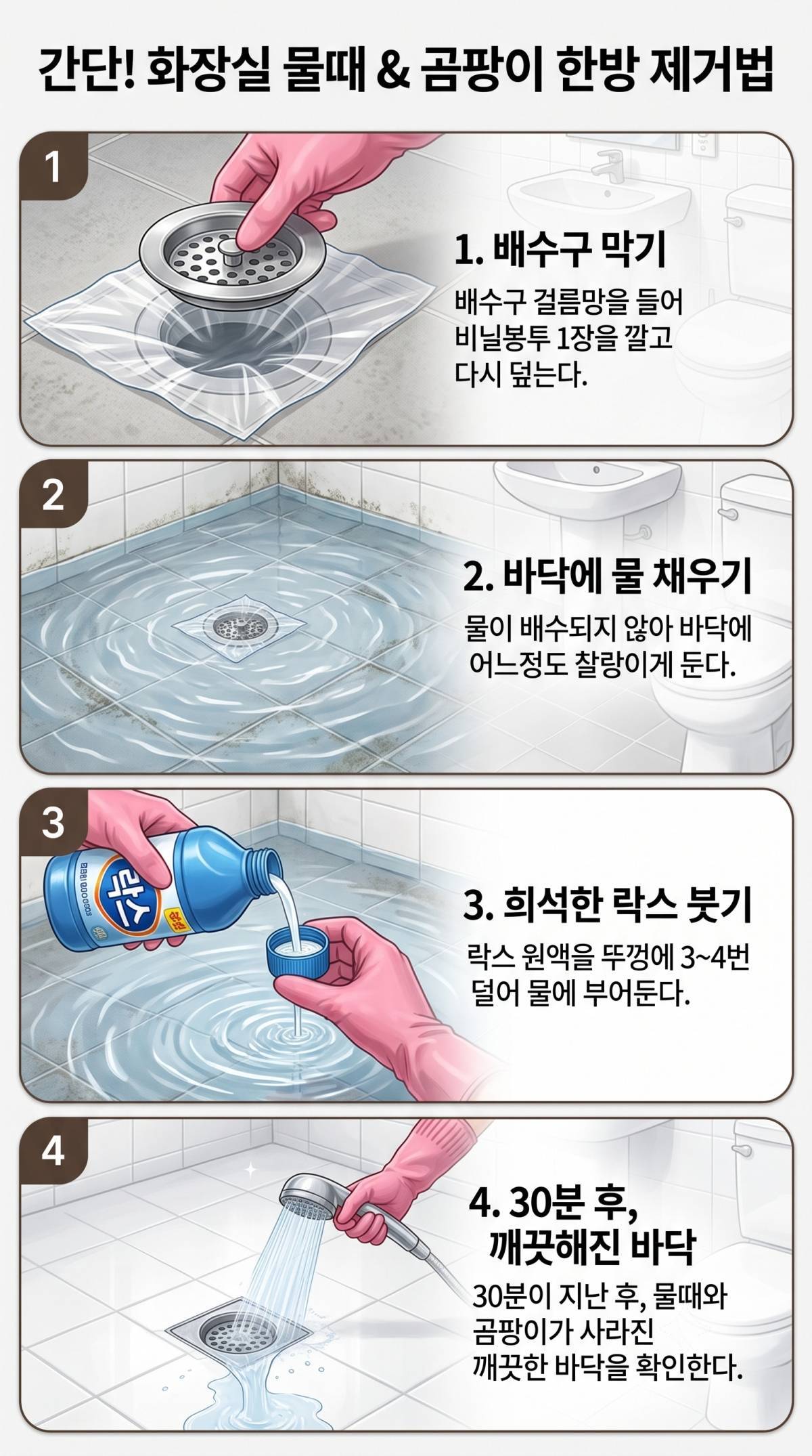 비닐 1장 활용해 화장실 바닥 청소하는 꿀팁. 기사 내용 토대로 AI툴 활용해 제작한 자료사진.