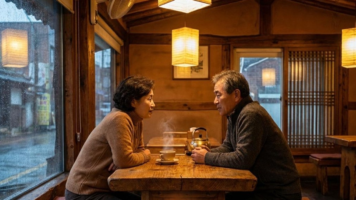 따뜻한 느낌을 주는 작은 식당에서 마주 보고 앉아 서로의 눈을 바라보며 진지하게 대화를 나누고 있는 60대 부부의 모습. 기사 내용 토대로 AI툴 활용해 제작한 자료사진.
