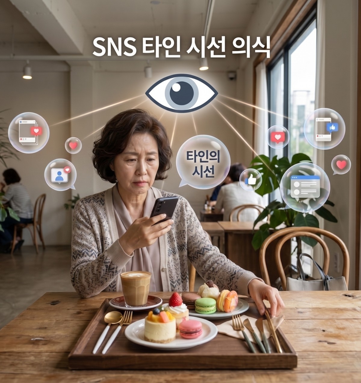 본인의 취향보다 타인의 시선이 먼저 작동하는 구조 속에서, SNS에 올릴 사진을 찍기 위해 화려한 카페에서 음식을 세팅하며 스마트폰 화면에 몰두해 있는 중년 여성의 모습. 기사 내용 토대로 AI툴 활용해 제작한 자료사진.