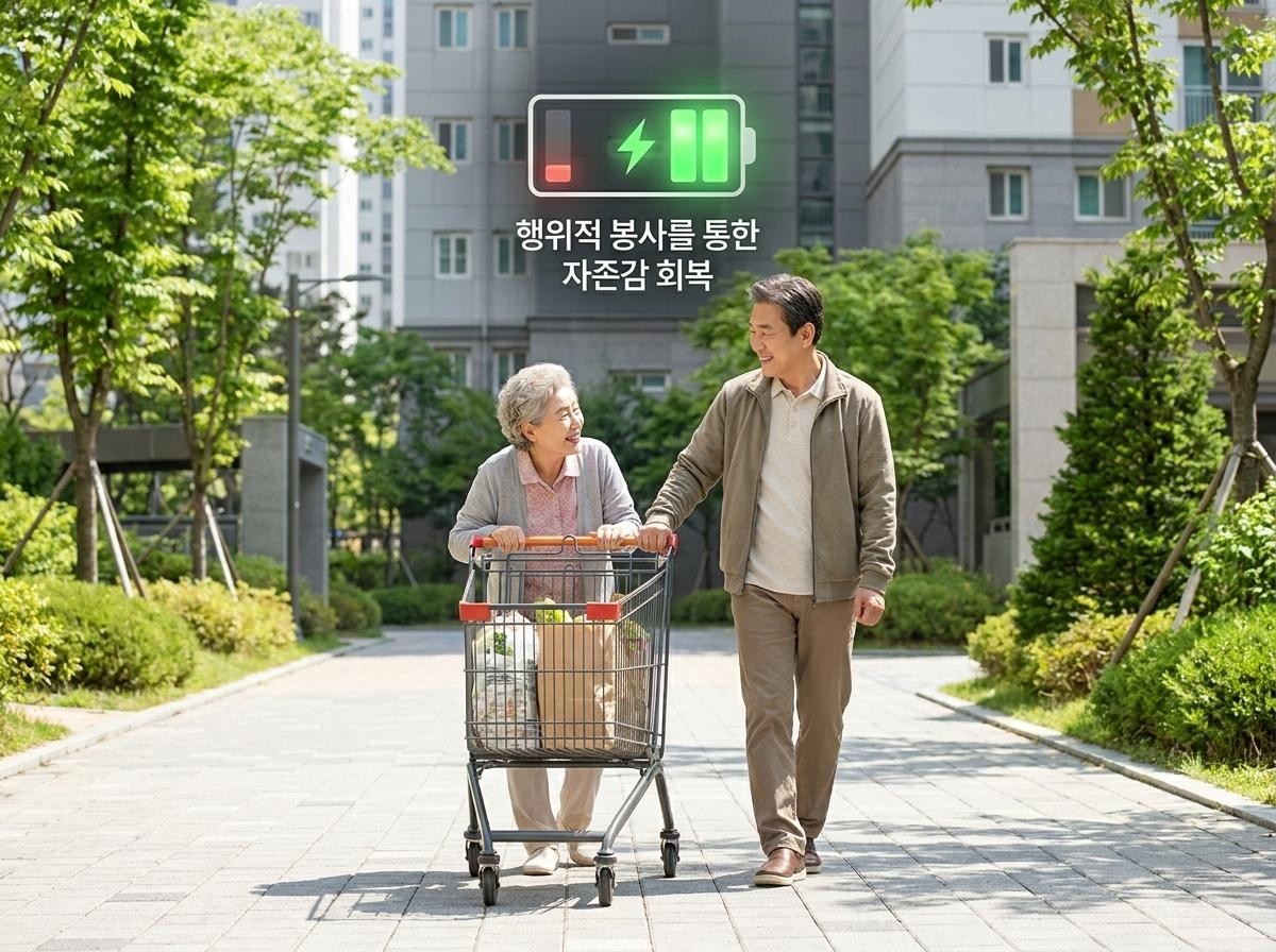 행위적 봉사의 실천을 통해 얻을 수 있는 자존감. 아파트 단지 내 보도에서 무거운 장바구니를 들고 힘겹게 걷는 노인의 짐을 옆에서 기꺼이 들어주고 함께 천천히 걸어가며 웃고 있는 60대 한국인 남성의 모습. 기사 내용 토대로 AI툴 활용해 제작한 자료사진.