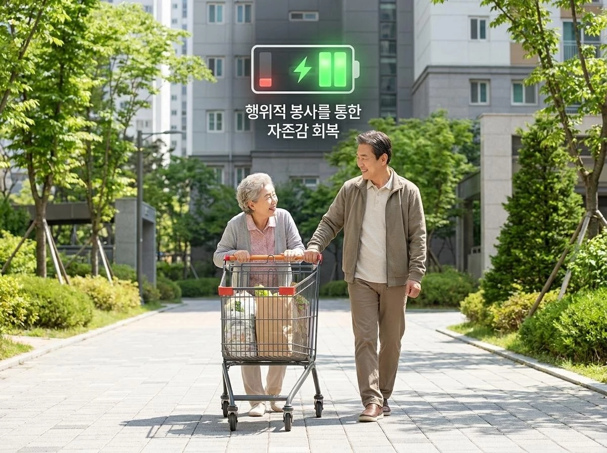 행위적 봉사의 실천을 통해 얻을 수 있는 자존감. 아파트 단지 내 보도에서 무거운 장바구니를 들고 힘겹게 걷는 노인의 짐을 옆에서 기꺼이 들어주고 함께 천천히 걸어가며 웃고 있는 60대 한국인 남성의 모습. 기사 내용 토대로 AI툴 활용해 제작한 자료사진.