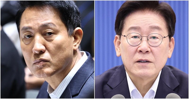 오세훈 서울시장이 6일 오전 서울시청에서 열린 '부동산 정상화를 위한 서울시민 대토론회'에서 참석자 발언을 듣고 있다, 이재명 대통령이 6일 청와대에서 열린 수석보좌관회의에서 발언을 하고 있다. 2026.8.6/뉴스1