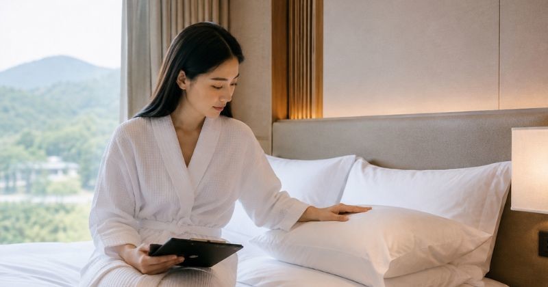 호텔 객실의 침구와 편안함을 직접 확인하며 평가표를 작성하는 숙박 테스터의 모습 / AI가 생성한 자료사진