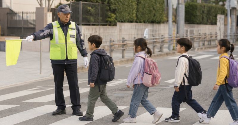 학교 앞 횡단보도에서 어린이들의 안전한 등굣길을 돕는 교통안전 도우미의 모습 / AI가 생성한 자료사진