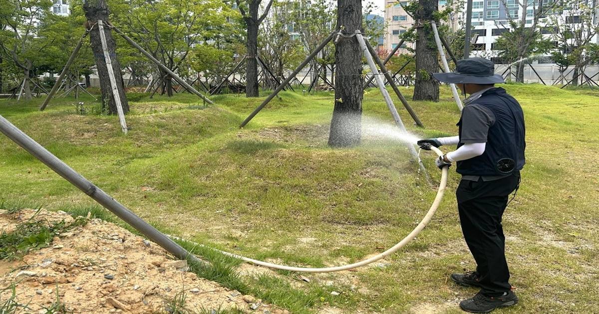 부산시민공원 북문 일원에서 냉감팬 조기를착용한 직원이 관수작업을 하고있다. / 사진=부산시설공단