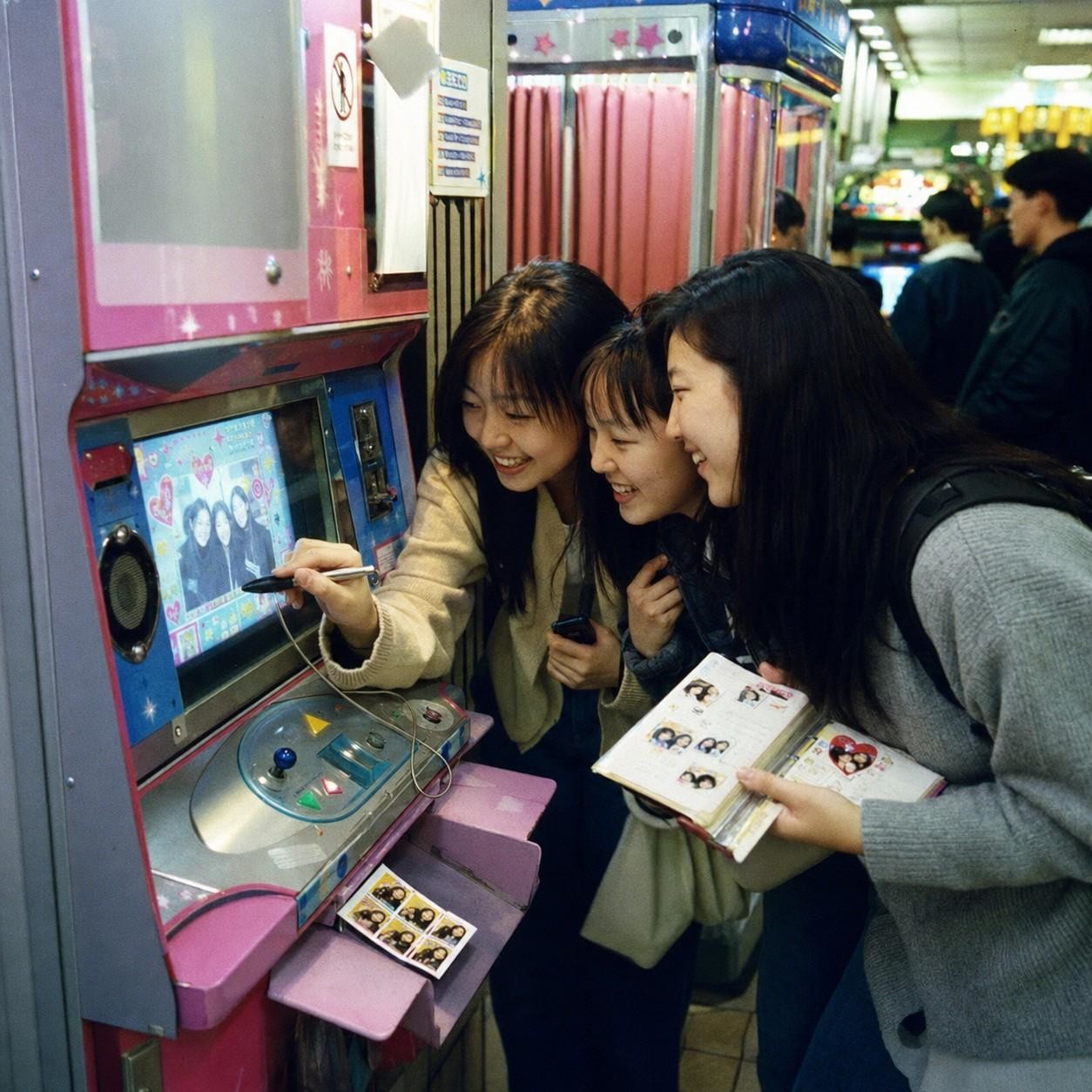 1990년대 후반 학생들이 오락실에서 스티커사진을 꾸미고 있다. / AI가 생성한 자료사진