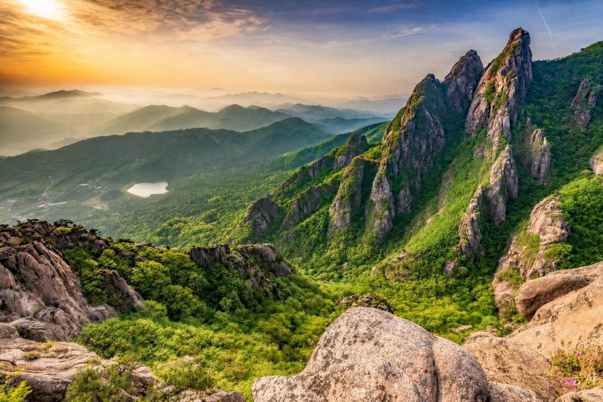 월출산 국립공원 전경. / 한국관광공사(촬영 : 김훈회), AI(화질 개선)