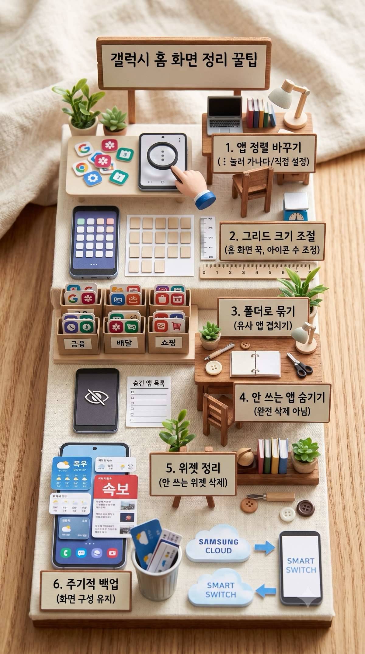 갤럭시 홈 화면 정리 꿀팁. 사 내용 토대로 AI툴 활용해 제작한 자료사진.