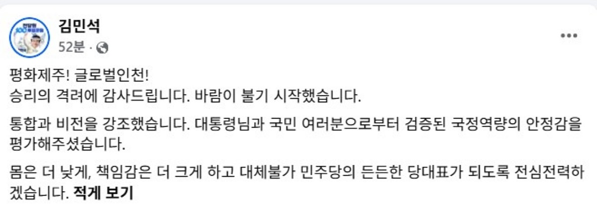 김민석 '대체불가 민주당의 든든한 당대표가 되도록 전심전력 할 것' / 김민석 후보 페이스북 캡처