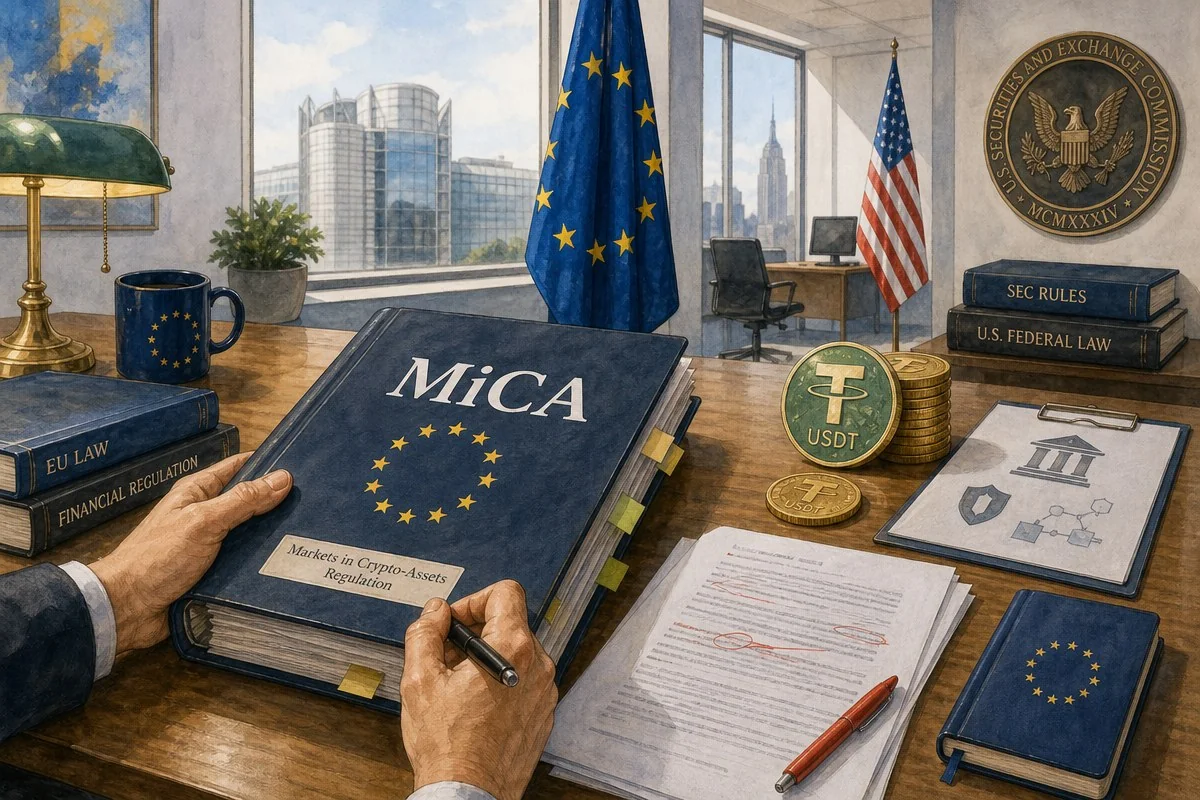 EU, USDT 퇴출 후폭풍에 2027년 MiCA 개정 검토 / AI 생성 일러스트(삽화)