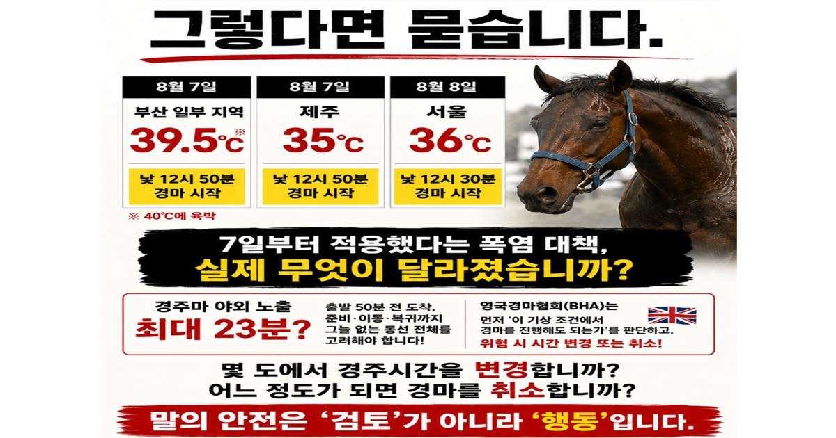 마사회가 야간경마 운영계획을 알린 6일 발표자료에는 ‘폭염 시 경주 취소 검토’에 관한 내용이 담기지 않았다. 하루 뒤인 7일부터 새로운 폭염 대응 기준이 적용됐다는 것이 마사회의 설명인 만큼, 실제 경주 운영 과정에서 어떤 판단이 내려졌는지 확인할 필요가 있다. / 포스터제공=제주비건