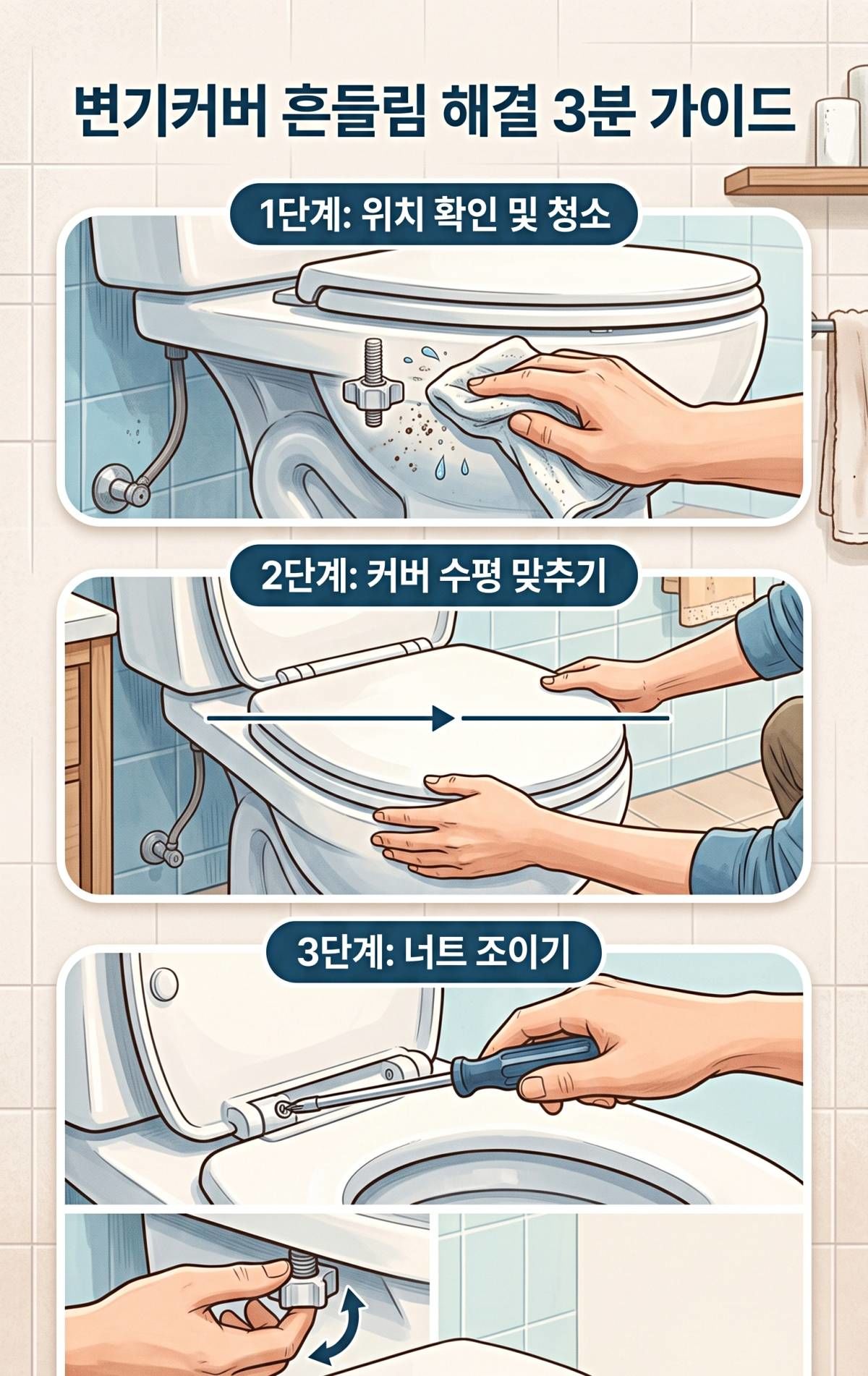 변기커버 흔들릴 때 바로 할 수 있는 방법. 기사 내용 토대로 AI툴 활용해 제작한 자료사진.
