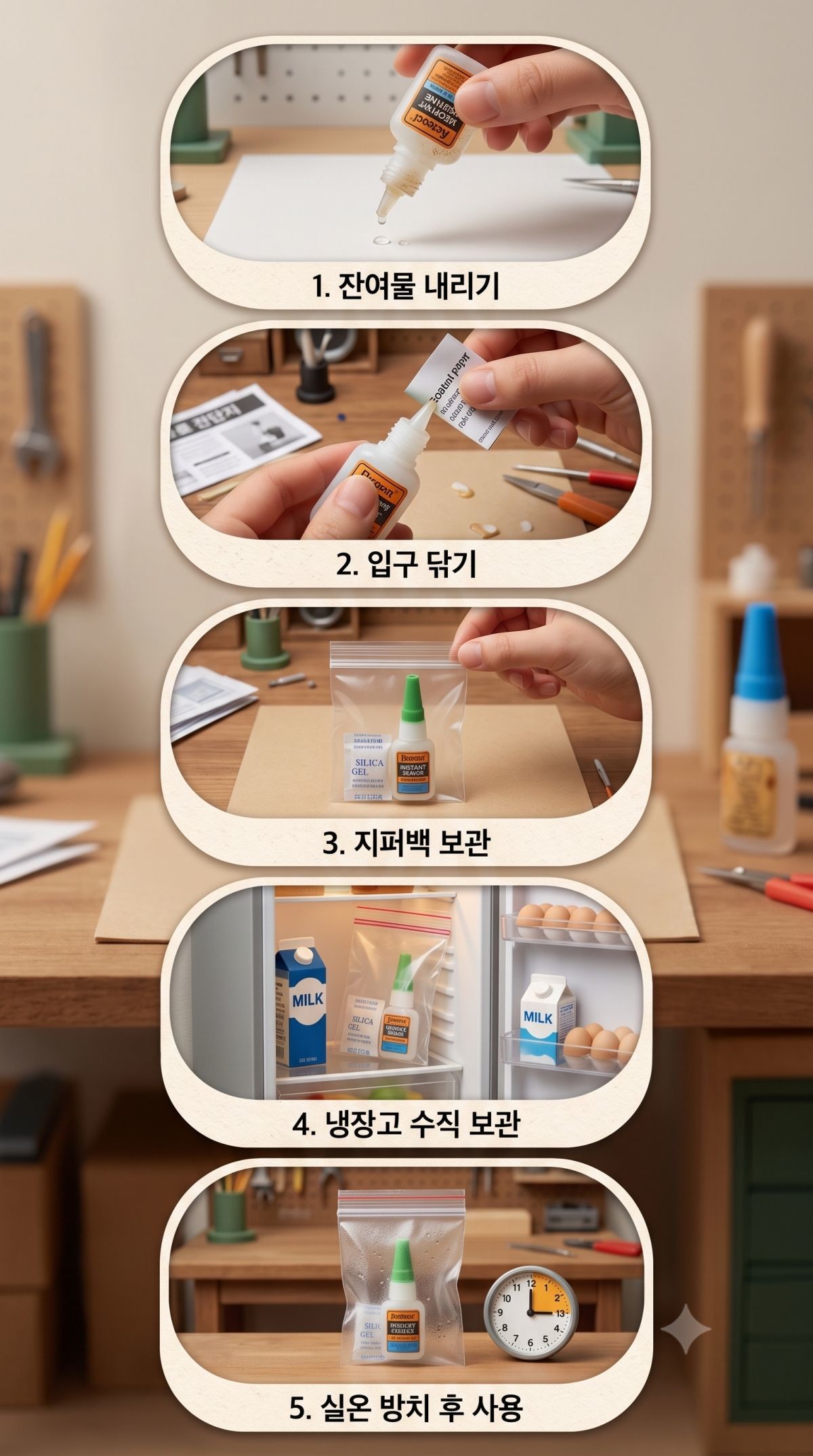 순간접착제 보관, 관리 방법. 기사 내용 토대로 AI툴 활용해 제작한 자료사진.