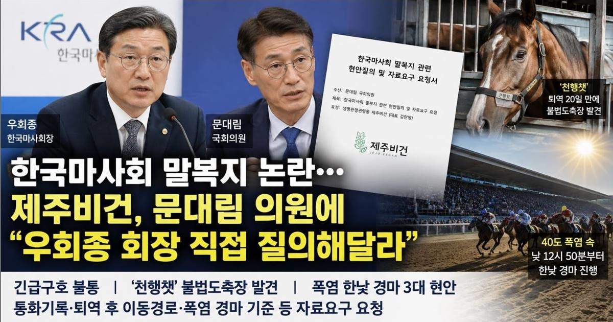 한국마사회 말복지 논란과 관련해 생명환경권행동 제주비건이 문대림 국회의원에게 우희종 한국마사회장을 상대로 현안질의에 나서달라고 요청한 내용을 이미지로 구성했다. 제주비건은 말긴급구호체계 미작동 논란과 퇴역경주마 ‘천행챗’의 불법도축장 발견, 폭염 속 한낮 경마 등에 대한 질의와 관련 자료요구를 요청했다.  / 사진=AI 생성 이미지