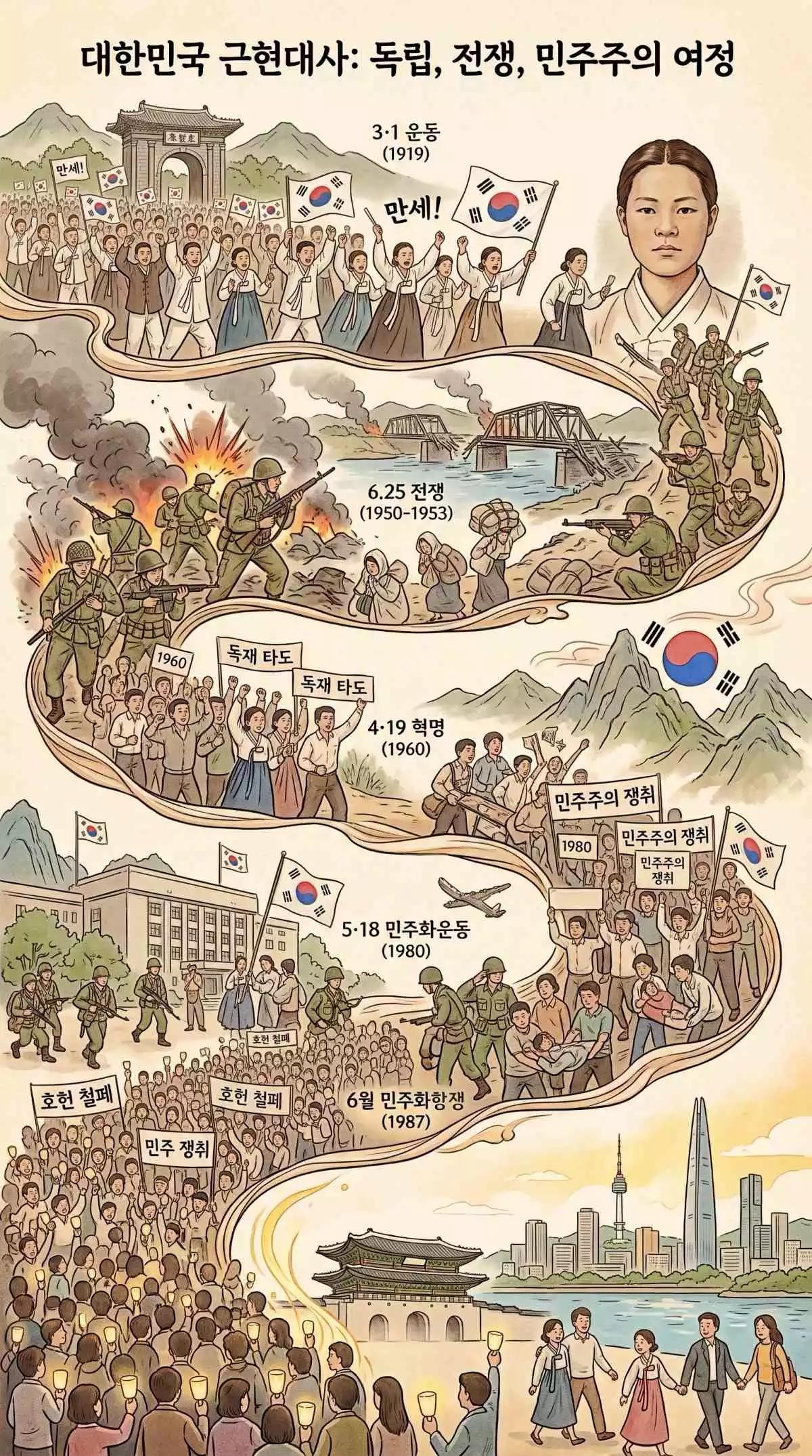 대한민국 근현대사 요약. 기사 내용 토대로 AI툴 활용해 제작한 자료사진.