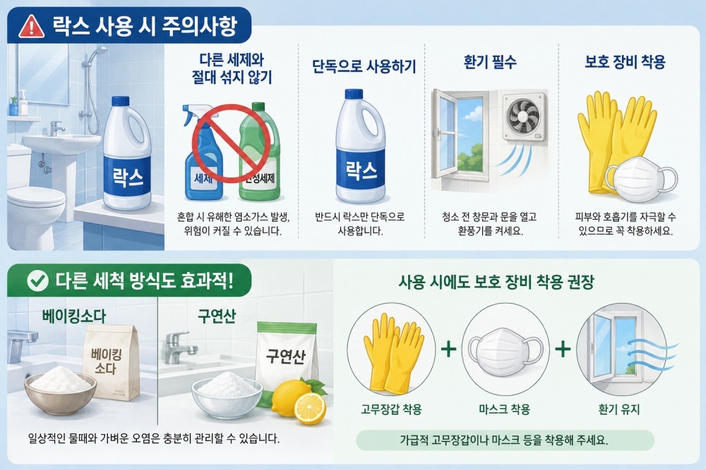 [인포그래픽] AI툴로 생성된 자료 이미지. 밀폐된 욕실에서는 다른 세제와 락스의 혼합으로 해로운 염소가스가 발생할 경우 그 위험이 더욱 커질 수 있다. 부득이하게 락스를 사용할 경우에는 단독으로 사용하며, 청소 전 창문과 문을 꼭 열고 환풍기를 켠 상태에서 이용해야 한다.