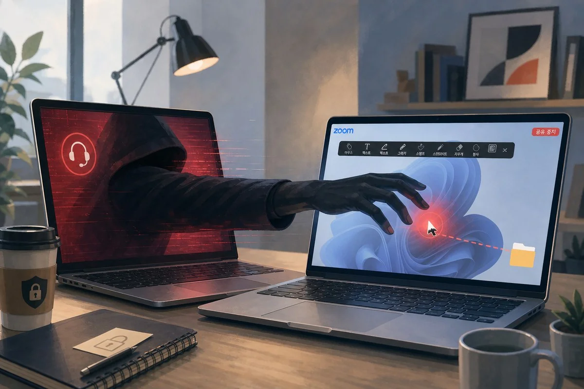 줌 화면공유 주석 결함, 클릭 없이 상대 PC 장악 가능했다 / AI 생성 일러스트(삽화)