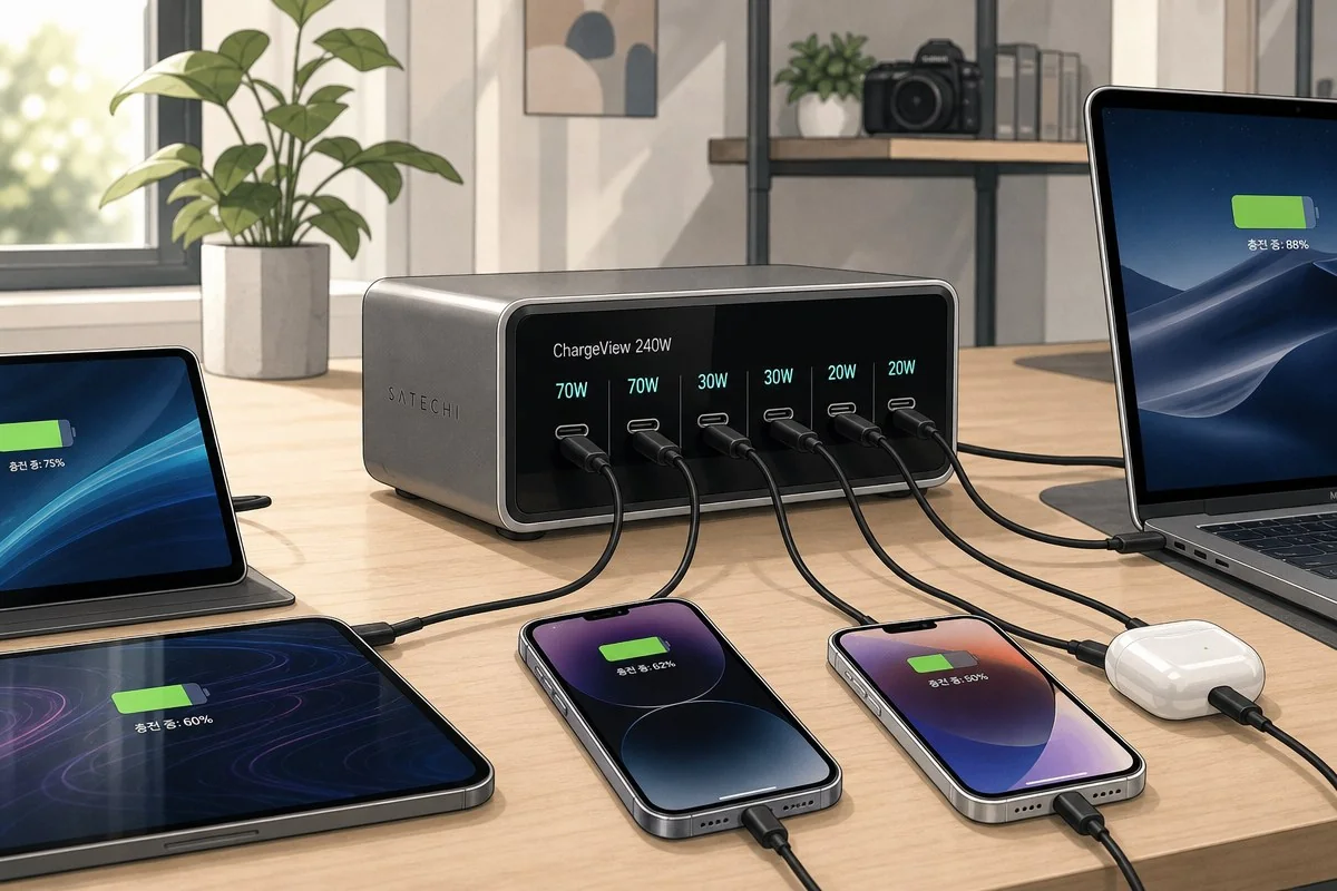 사테치 챠지뷰 240W, 6포트 다쓰면 출력 70W로 급감 / AI 생성 일러스트(삽화)