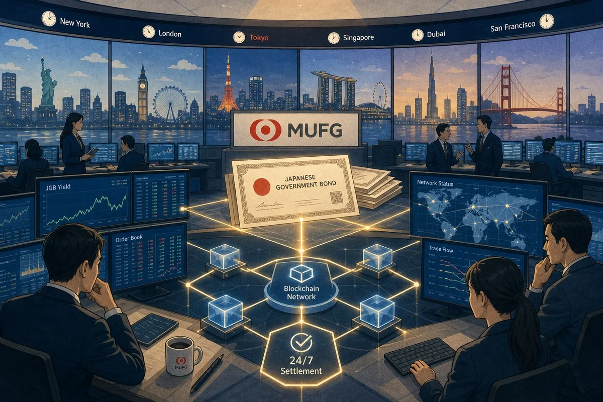 MUFG, 270조엔 국채 리포 결제 실시간 블록체인화 추진 / AI 생성 일러스트(삽화)