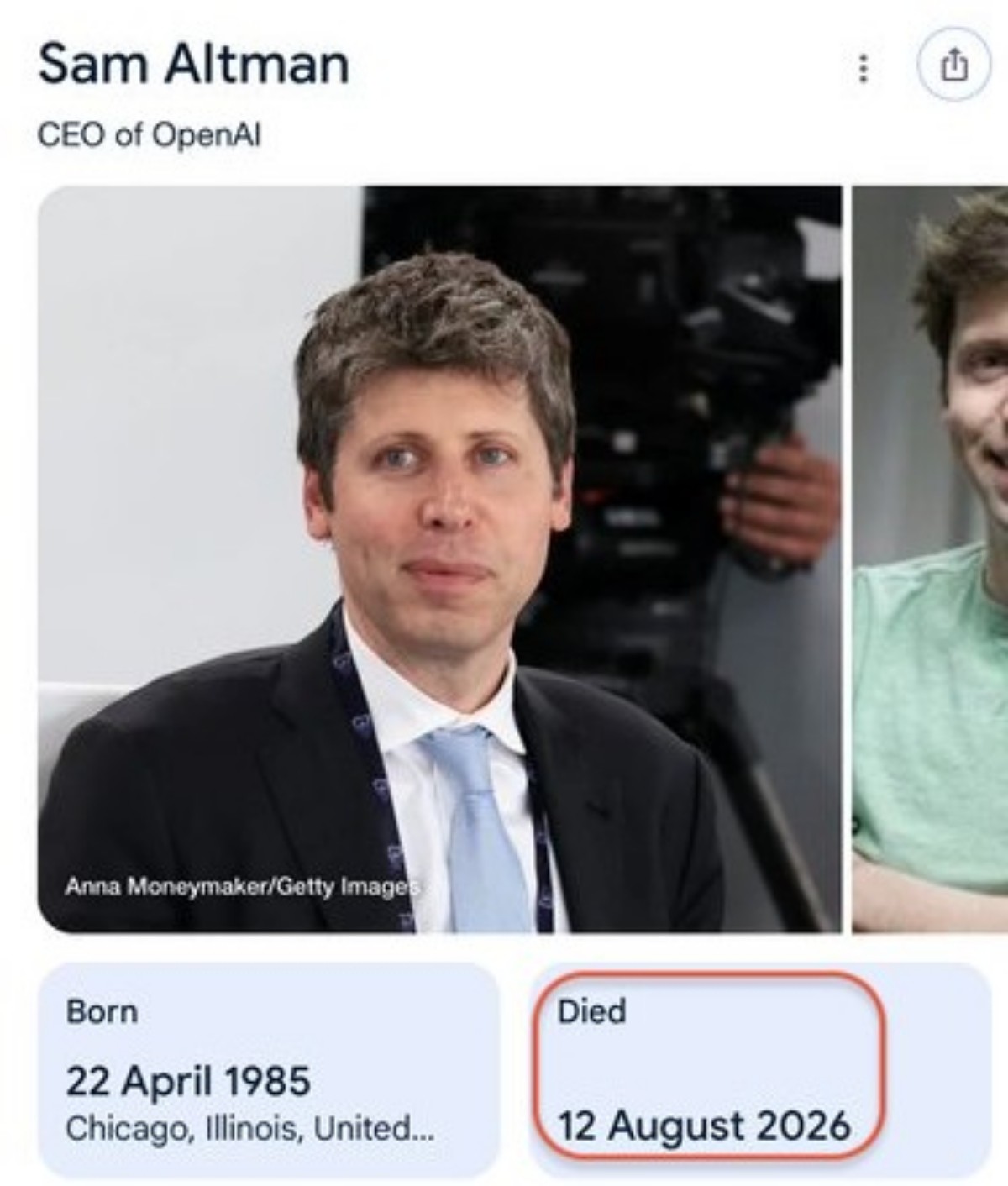 구글 검색 결과에서 샘 올트먼 오픈AI 최고경영자(CEO)가 2026년 8월 12일 사망한 것으로 잘못 표시된 모습. / 구글 검색 캡처, 온라인 커뮤니티