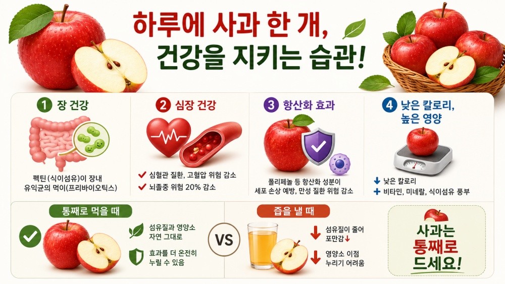 [인포그래픽] 기사를 바탕으로 AI툴로 생성된 자료이미지. 사과는 칼로리가 낮으면서도 영양소가 풍부해 건강에 좋은 과일로 꼽힌다.