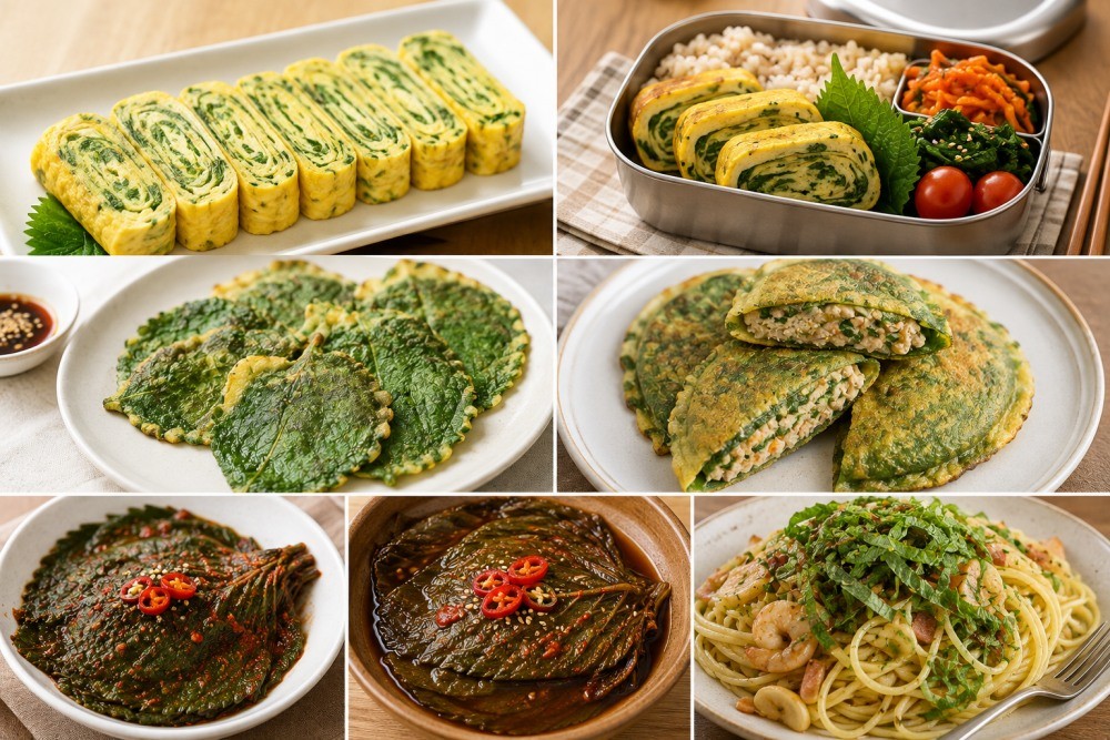 AI툴로 생성된 자료사진. 깻잎은 달걀말이, 깻잎전, 깻잎장아찌, 깻잎김치 등으로 조리할 수 있으며 오일 파스타에 토핑으로 곁들여 먹는 별미도 있다.